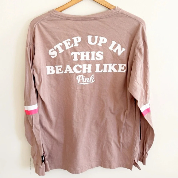 Victoria's Secret Pink beach tan Henley Campus Tee Oversized Long Sleeve top L - Picture 6 of 8